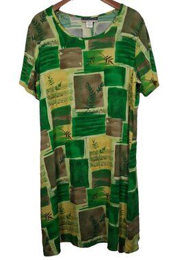 Vintage 1990s Notations Dress XL Green Fern Colorblock Nature Rayon Lagenlook